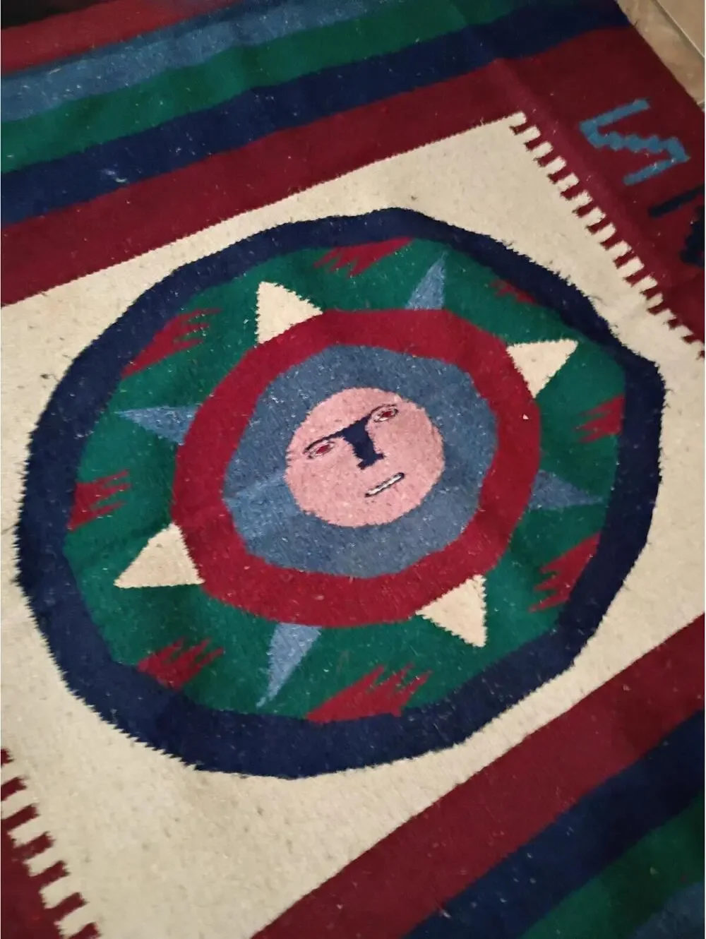 Vintage Geometric Patterned Wool Rug with Fringe